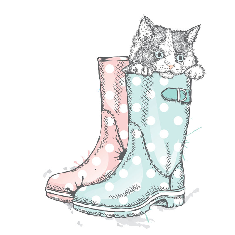 穿着靴子的可爱小猫-卡片或印在衣服上的矢量图