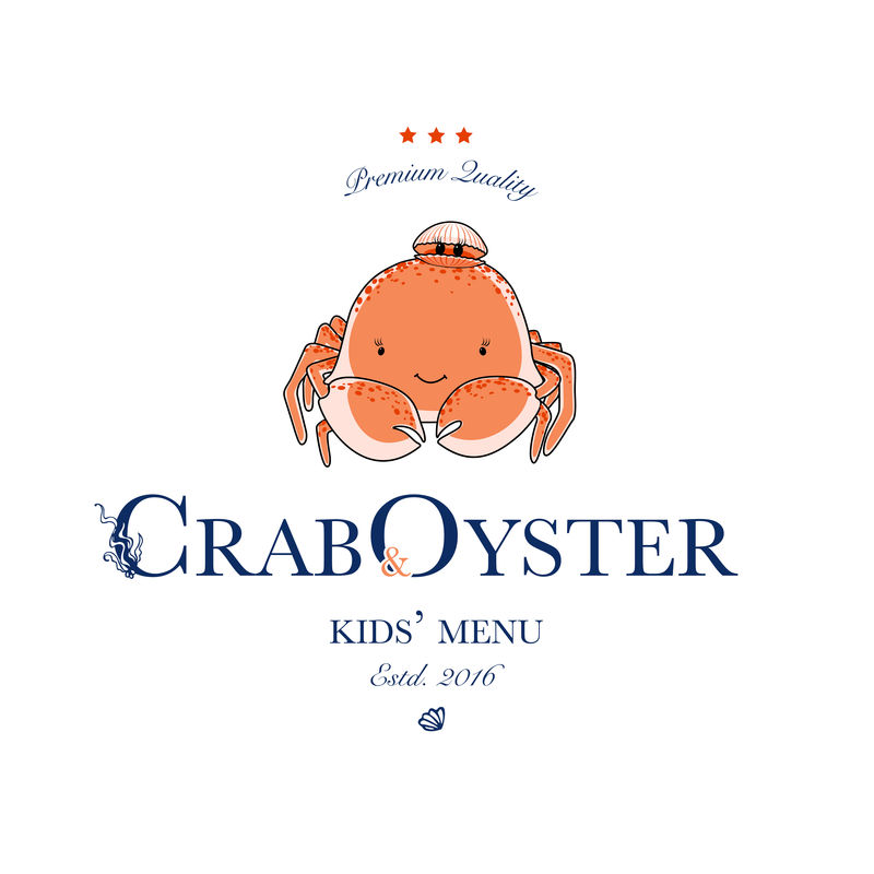 海鲜餐厅和海鲜菜单标识-带有可爱螃蟹和牡蛎的儿童菜单标识。矢量图解