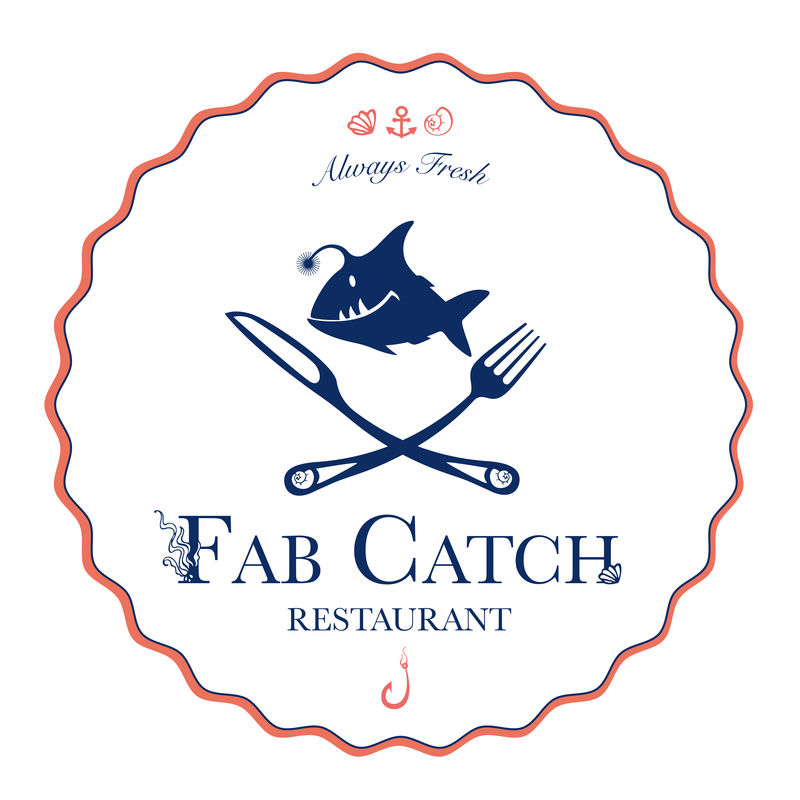 海鲜餐厅和海鲜菜单标识-海盗风格的标志与琵琶鱼。矢量图解