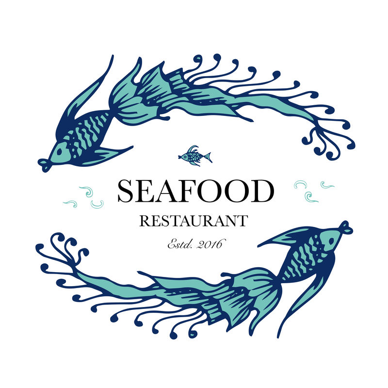 海鲜餐厅和海鲜菜单标识-两条鱼尾装饰华丽的标志。矢量图解