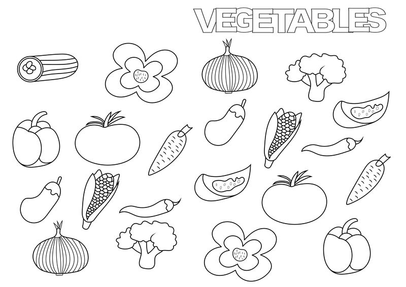 手工蔬菜套装。为书籍页面模板着色。勾勒涂鸦矢量图。