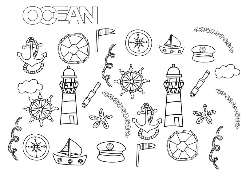 海洋和航海元素组。为书籍页面模板着色。勾勒涂鸦矢量图。