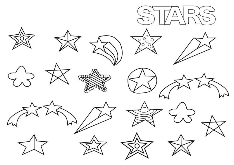手工绘制的星星。为书籍页面模板着色。勾勒涂鸦矢量图。