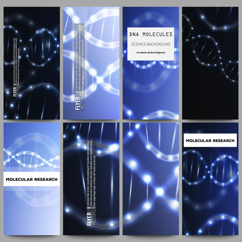 一套现代传单。深蓝色背景上的DNA分子结构。科学媒介背景