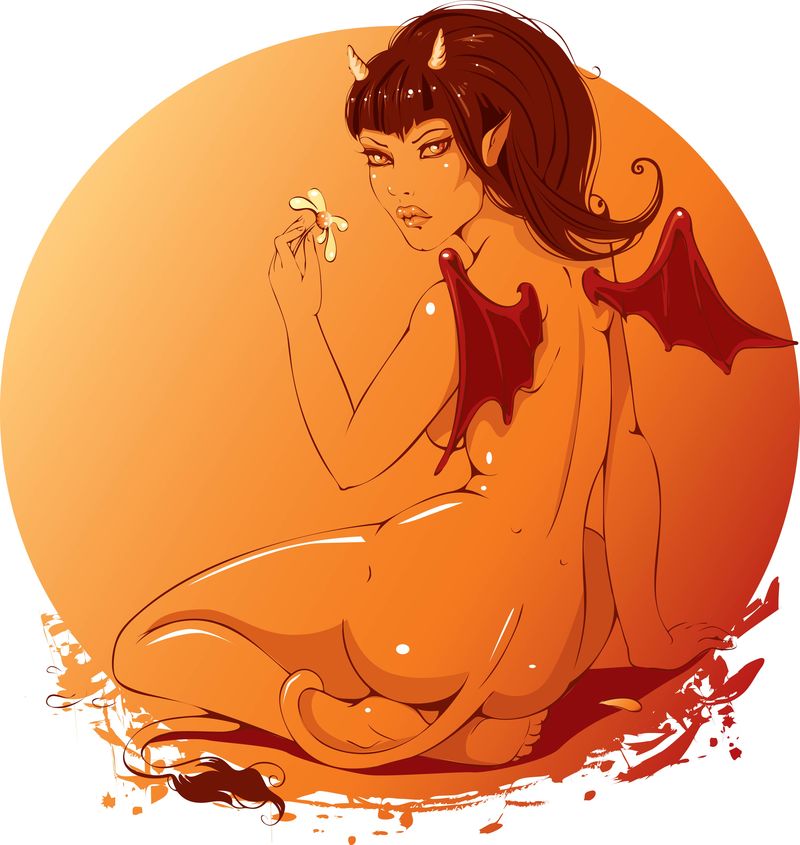 美丽的女孩-恶魔在一个橙色的背景-黑发和晒黑的身体-一朵鲜花在手中