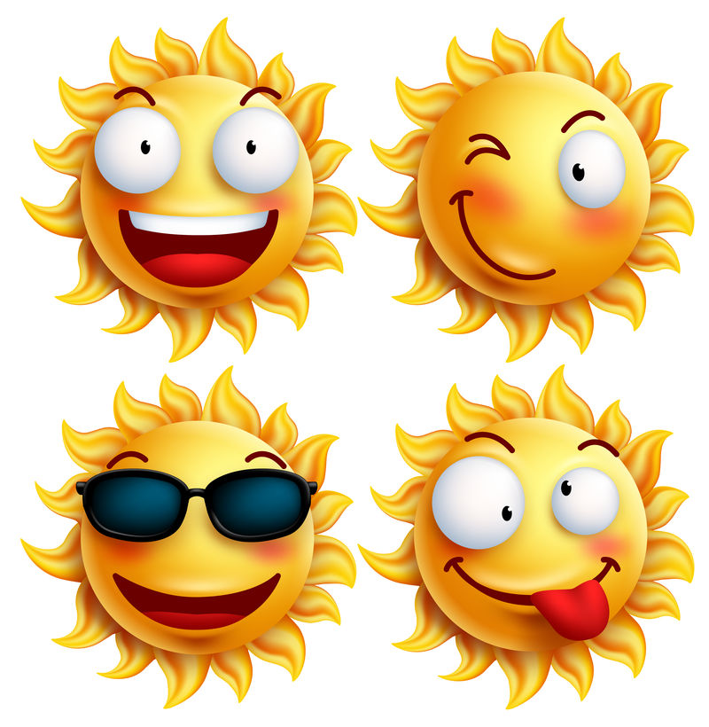 插图集微笑的太阳卡通人物-在白色背景上分离出的阳性阳光化身-矢量