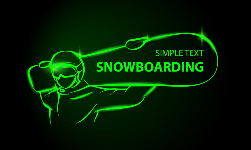 肩上有一块木板的滑雪板。绿色霓虹冬季SPO