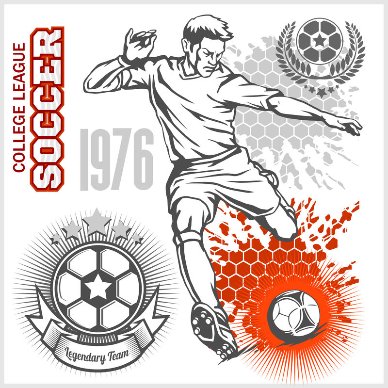 足球运动员踢足球和足球标志。