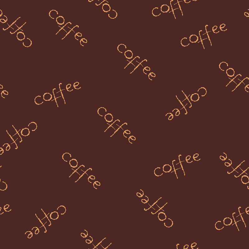 矢量插图简单的无缝背景，棕色背景上刻字咖啡。设计卡片，壁纸，海报，衣服。