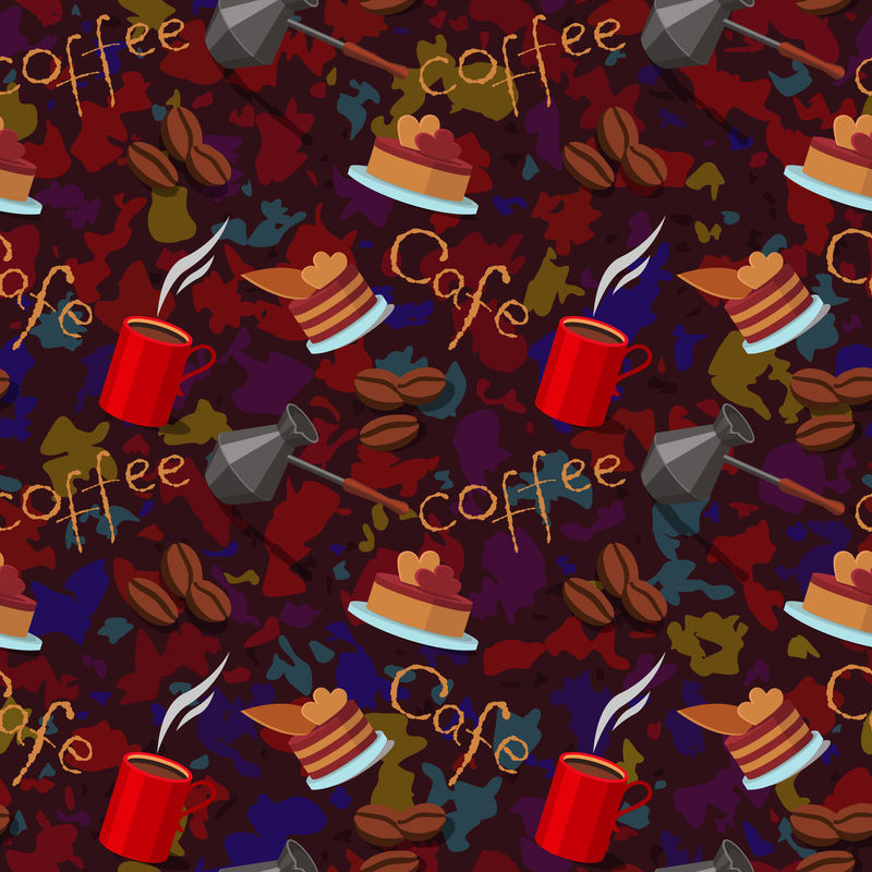 斑点与咖啡豆和字体的散射无缝背景。浅棕色无缝咖啡图案。