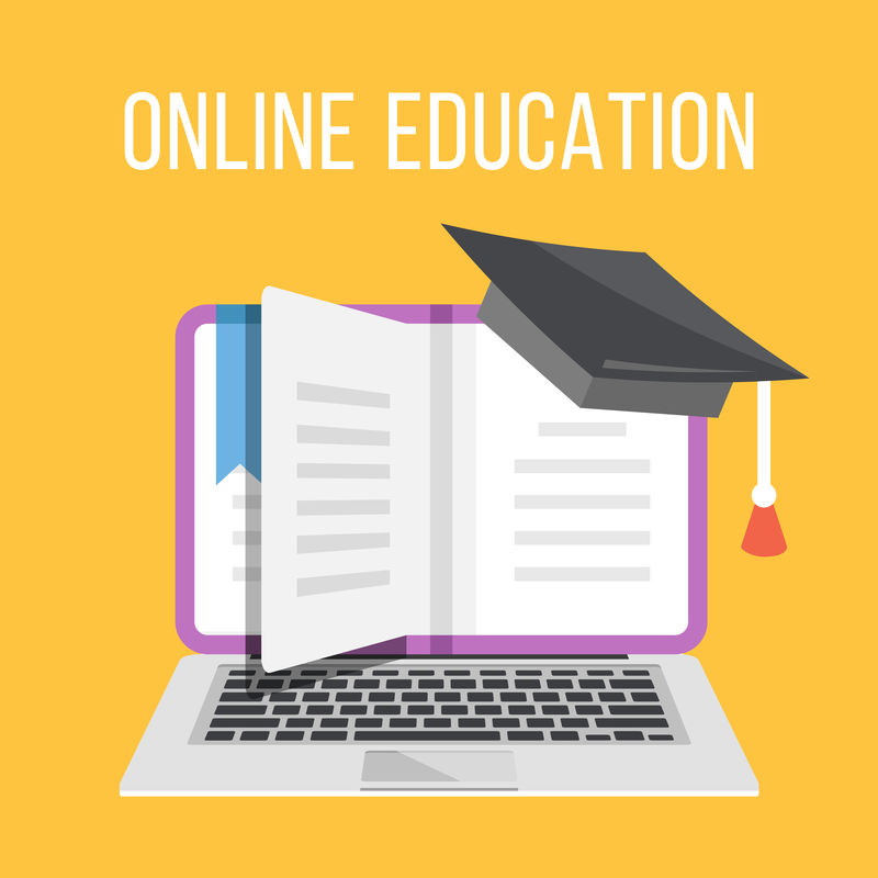 在线教育平面图概念-带书和毕业帽的笔记本电脑-现代平面设计概念的网页横幅-网站-印刷材料-信息图形-创意平面图