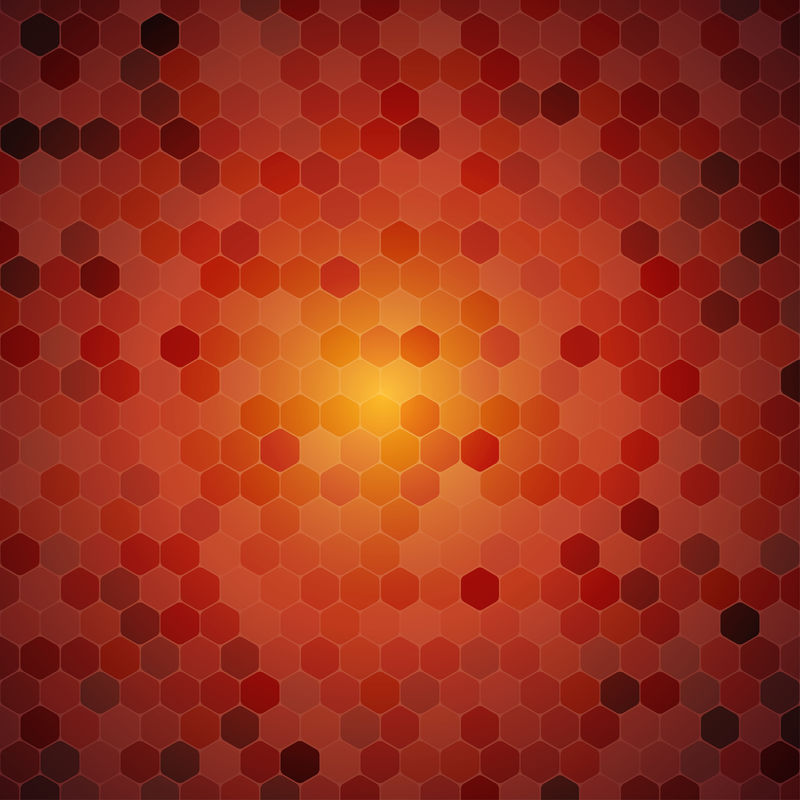 矢量抽象橙色背景与六边形形状不同，不透明度与中心辉光。