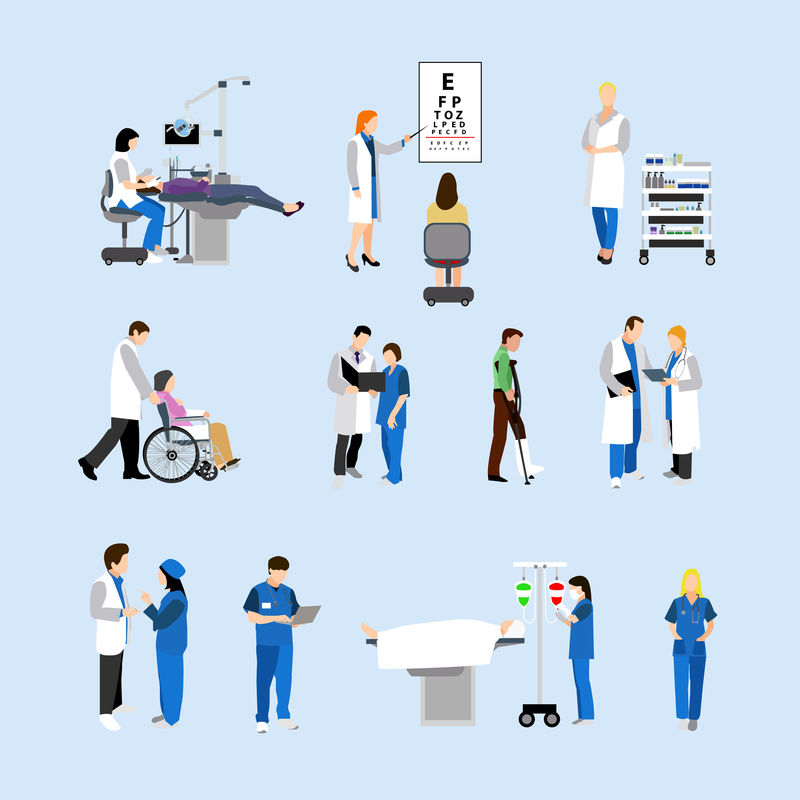 医院中的医生和病人的向量集。医务人员隔离物体的插图。