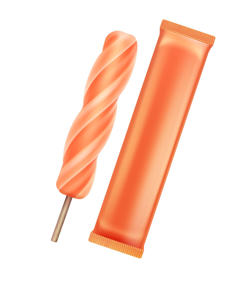 Vector橙色芒果螺旋冰棒棒棒糖冰淇淋果汁冰棒上贴有橙色塑料薄膜包装的品牌包装设计特写镜头背景隔离