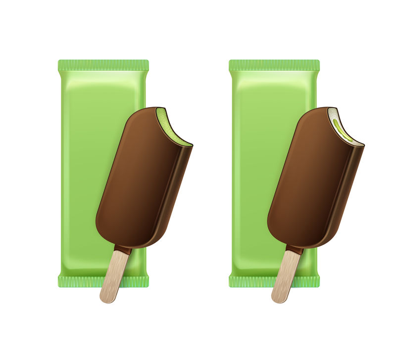 矢量猕猴桃开心果咬冰棒巧克力冰棒棒棒糖冰淇淋在巧克力釉棒上填充绿色塑料薄膜包装的品牌包装设计特写孤立的背景。
