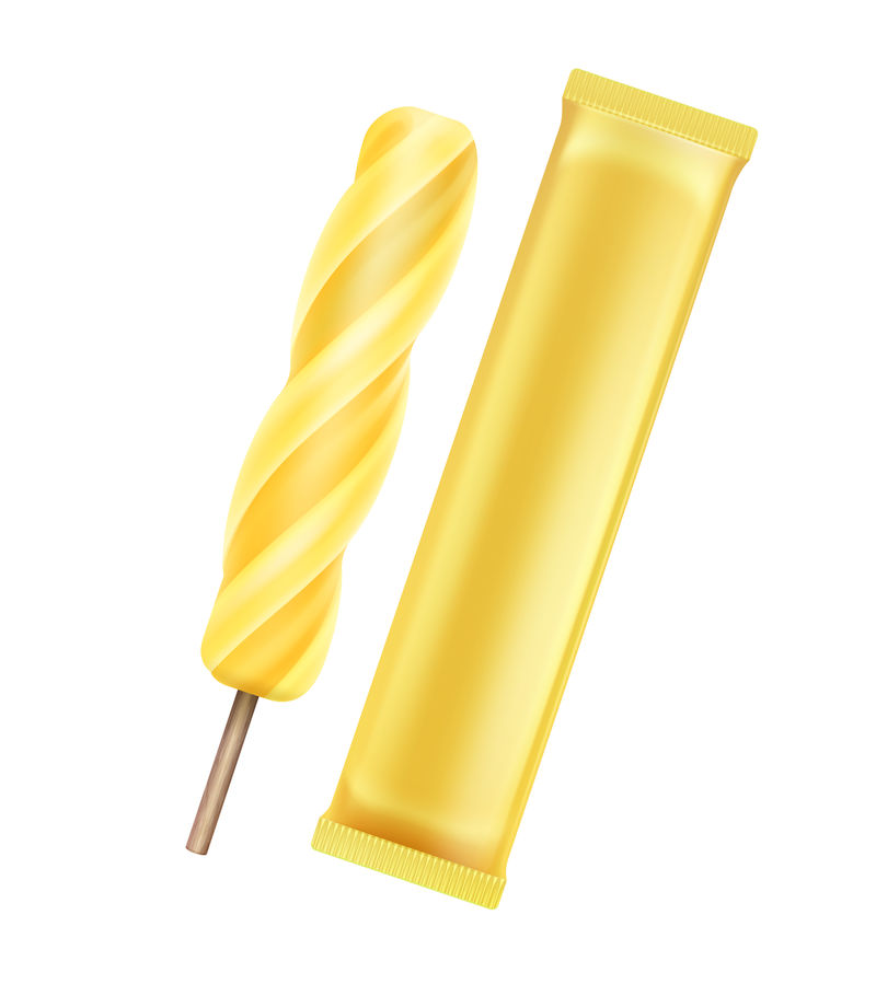 Vector黄色香蕉螺旋冰棒棒棒糖冰淇淋果汁冰棒上贴有黄色塑料薄膜包装的品牌包装设计特写隔离背景