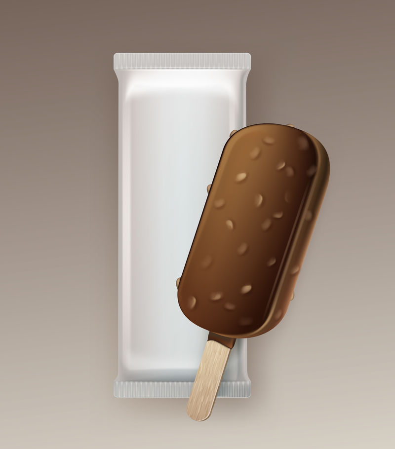 矢量经典冰棒巧克力棒棒糖冰淇淋巧克力釉上有坚果棒白色塑料薄膜包装的品牌包装设计特写孤立的背景。