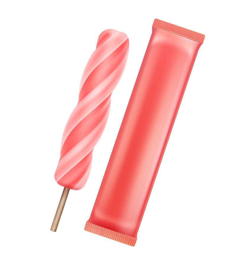 矢量粉红草莓螺旋冰棒棒棒糖冰淇淋果汁冰棒用粉红塑料薄膜包装包装设计特写镜头背景隔离