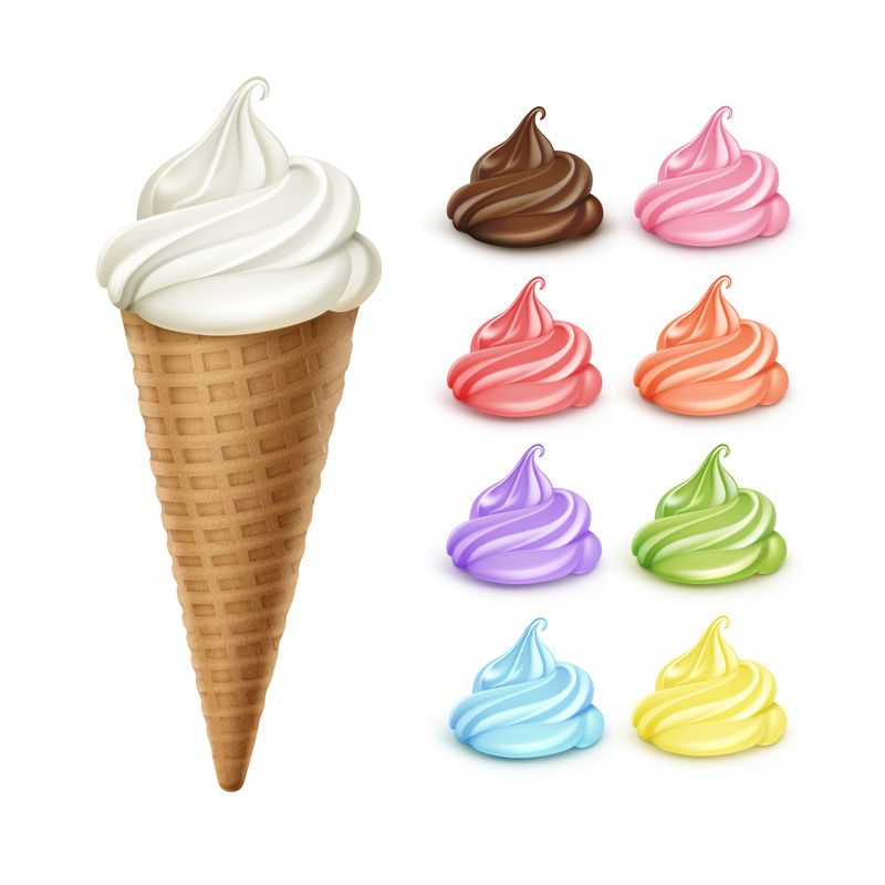 矢量集彩色白棕色粉橙色红绿色紫丁香紫蓝色黄色经典软冰淇淋华夫饼圆锥与不同口味特写孤立在白色背景上。