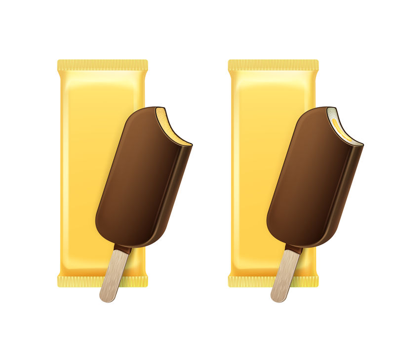 Vector Vanila香蕉咬冰棒巧克力棒棒糖巧克力冰激凌在巧克力釉上贴上黄色塑料包装，用于品牌包装设计特写，背景隔离