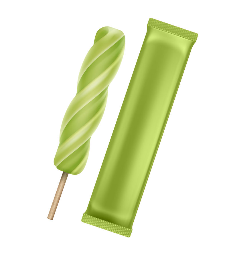 Vector Green Kiwi螺旋冰棒棒棒糖冰淇淋果汁冰棒带绿色塑料薄膜包装设计特写背景隔离
