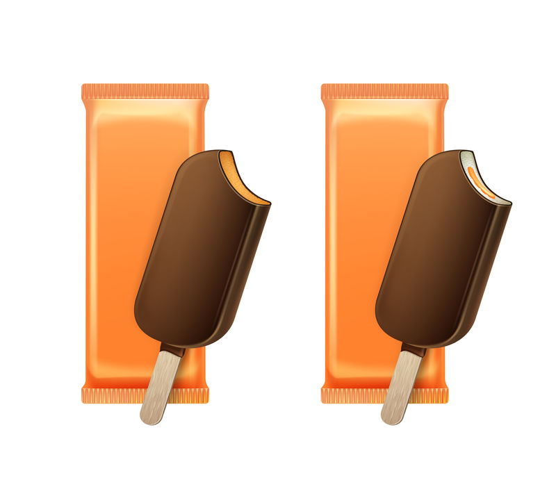 矢量焦糖咬冰棒巧克力冰棒棒棒糖冰淇淋在巧克力釉棒上用橙色塑料包装填充品牌包装设计特写孤立的背景。