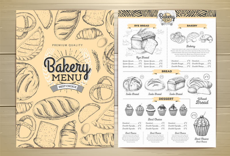 经典面包店菜单设计。餐厅菜单。文档模板