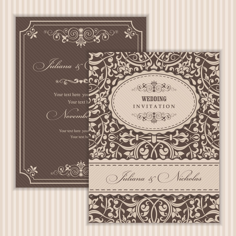 婚礼邀请卡巴洛克风格的棕色和米色-复古图案-复古的维多利亚式装饰品-用花卉元素框起来-矢量图
