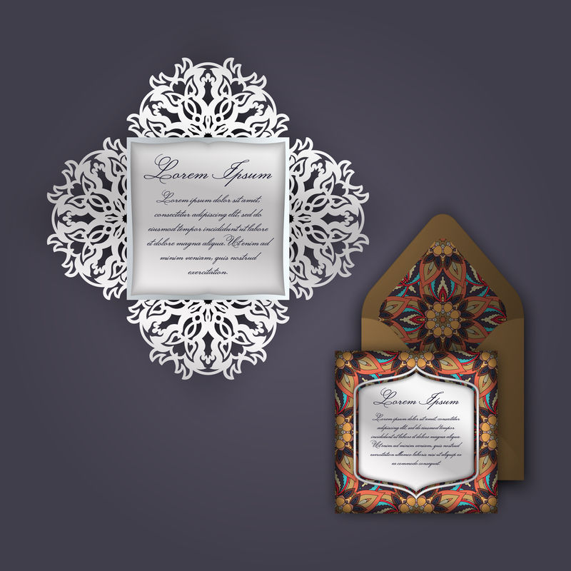 婚礼邀请或贺卡与老式花卉装饰。纸花边信封模板，激光切割模型。