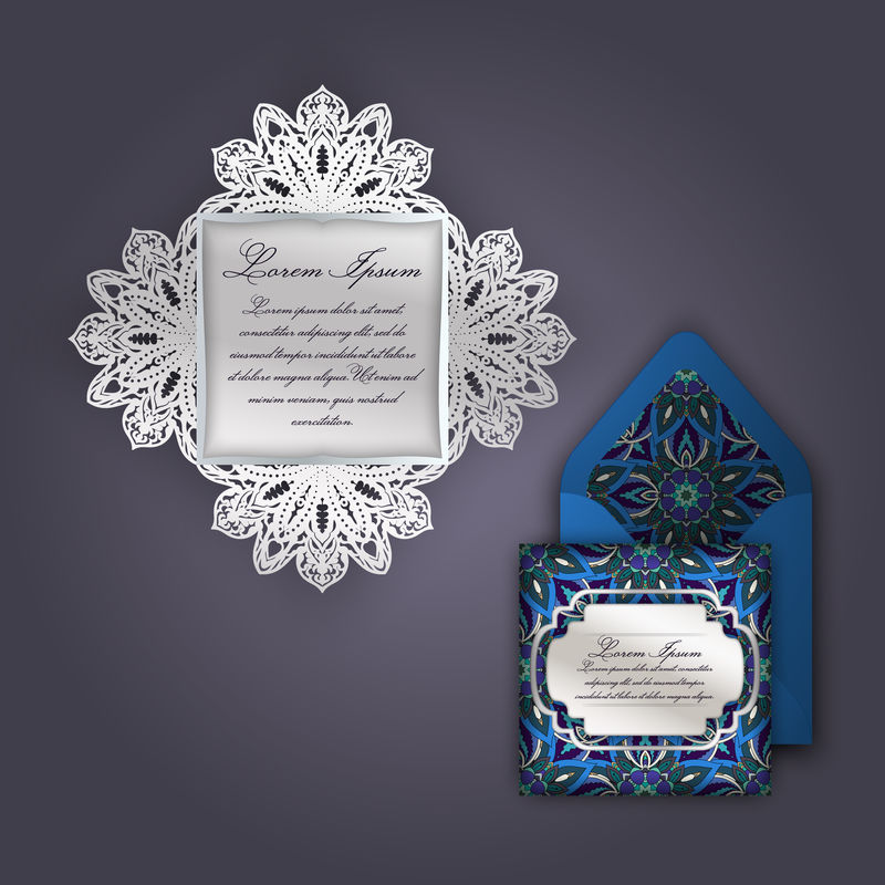 婚礼邀请或贺卡与老式花卉装饰。纸花边信封模板，激光切割模型。