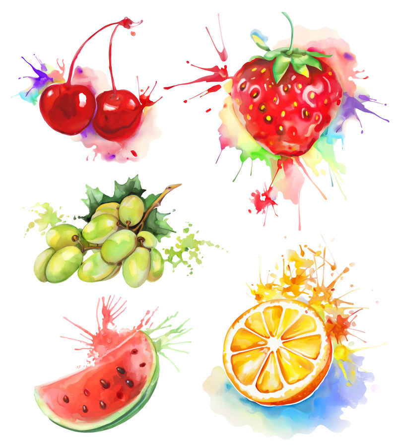水彩画、水果和浆果、白底矢量图