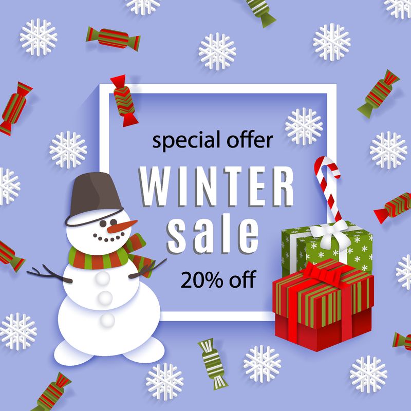 Vector冬季销售海报模板-带着围巾和水桶微笑的雪人-雪花礼物盒-冬季符号装饰传单-蓝色背景上的插图-横幅广告设计