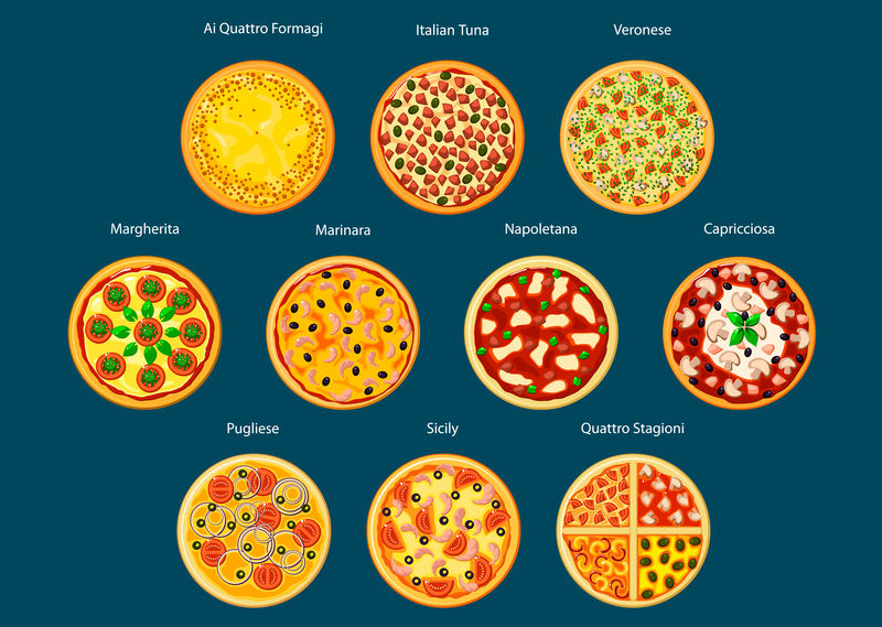 意大利披萨菜单图标，带有不同的配料