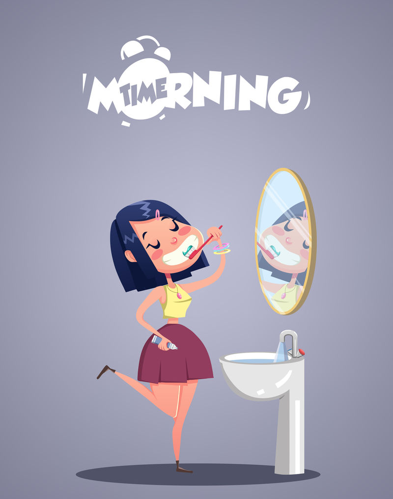 日常早起生活。小女孩刷牙