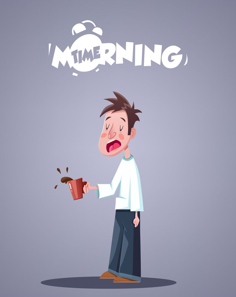 日常早起生活。打呵欠，喝咖啡的昏昏欲睡的男人