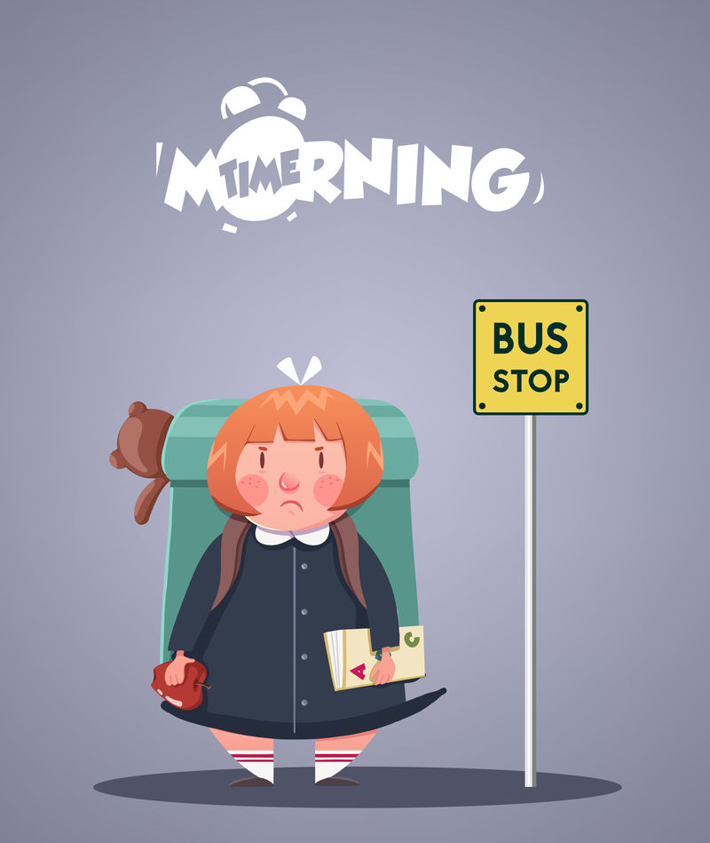 日常早起生活。愤怒的女孩在等公共汽车