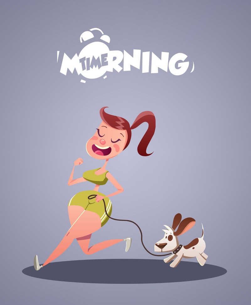 日常早起生活。快乐女孩和狗一起慢跑