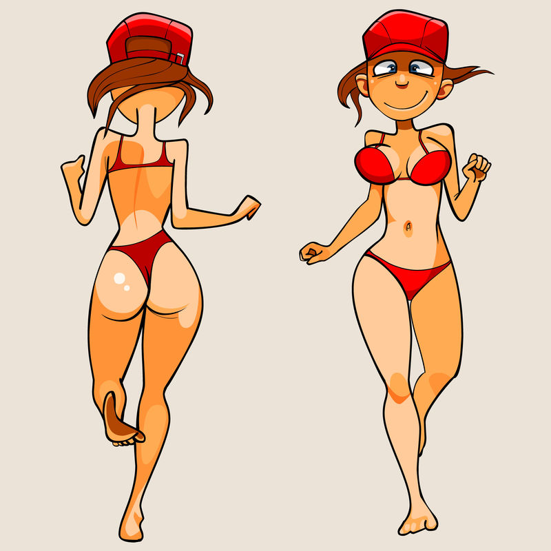 海滩上两个戴帽子的漂亮女孩的抽象彩色图像-简单扁平的女朋友形象-矢量图解