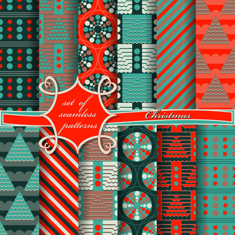 一套无缝圣诞节插图-带有圣诞符号和圣诞设计元素的抽象矢量纸