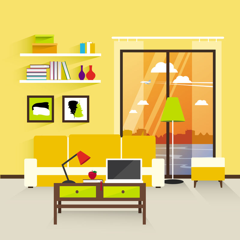 现代室内客厅-黄色-现代室内设计-现代客厅-在家工作-室内平面设计-矢量图解
