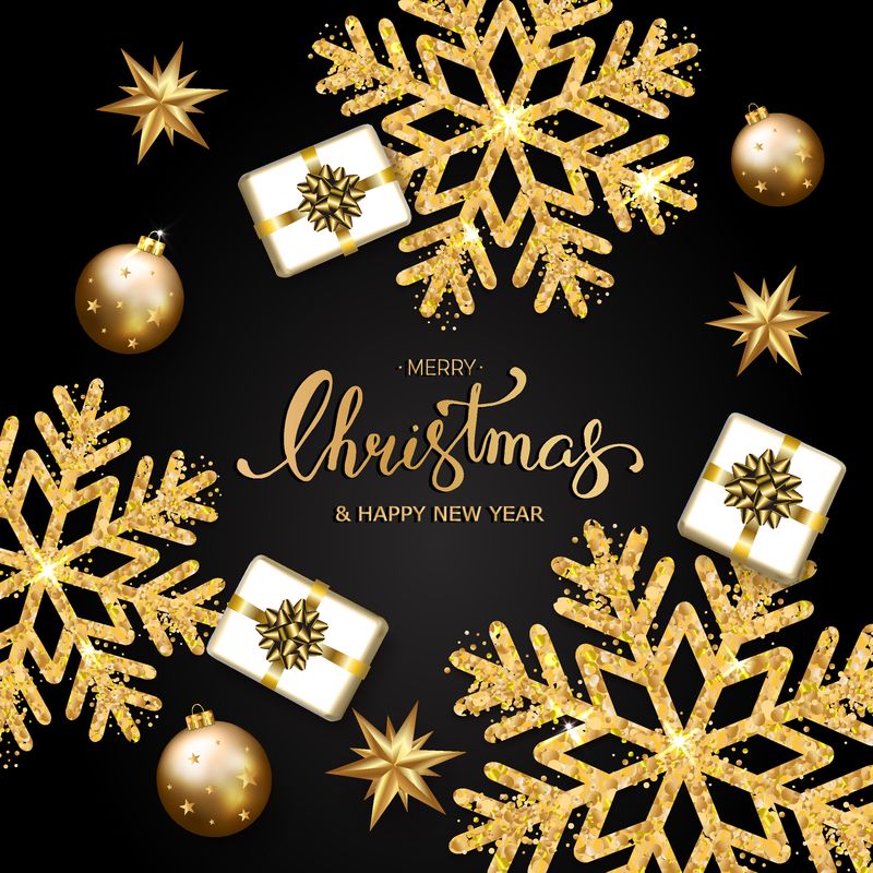 手印圣诞贺卡-金色星星-礼物-黑色背景的雪花-新年快乐设计-矢量图解