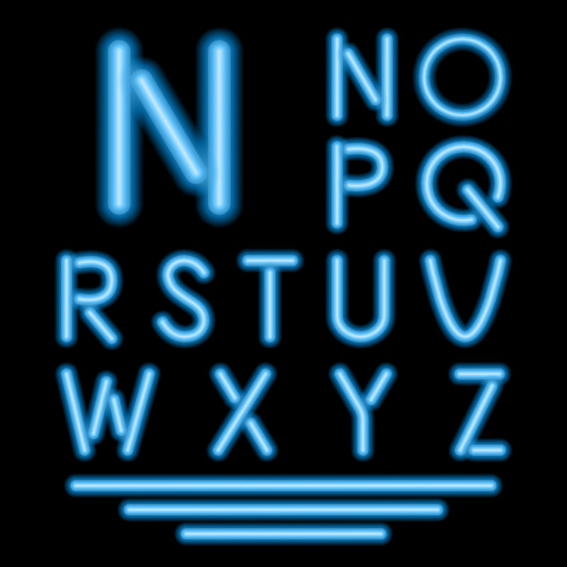 蓝色霓虹灯管字母。发光字体。矢量