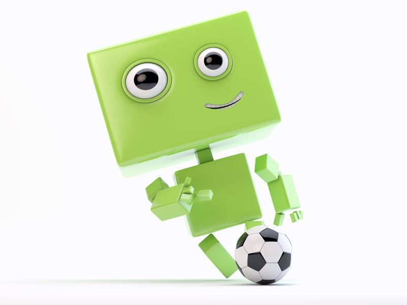 可爱的微笑机器人生物击中足球/足球运动员