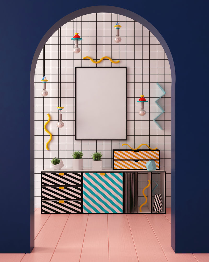孟菲斯风格的室内海报。3D插图。三维渲染