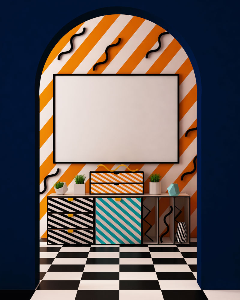 孟菲斯风格的室内海报。3D插图。三维渲染