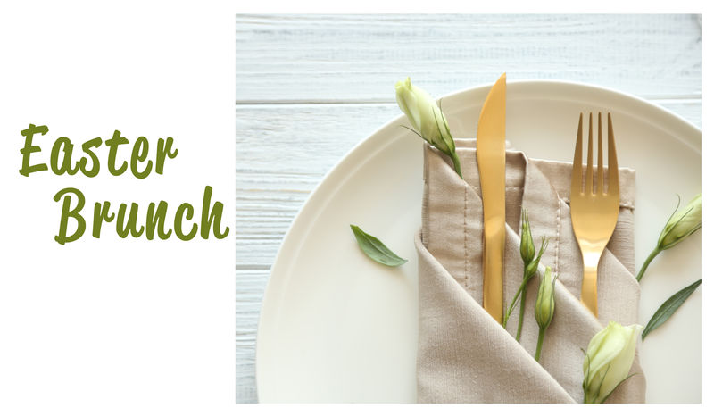 背景是复活节早午餐。优雅的餐桌布置，带花卉装饰