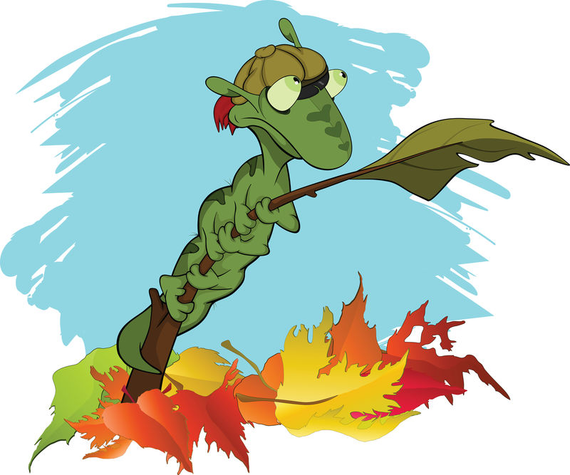 树枝上的绿色小毛虫-秋天-卡通