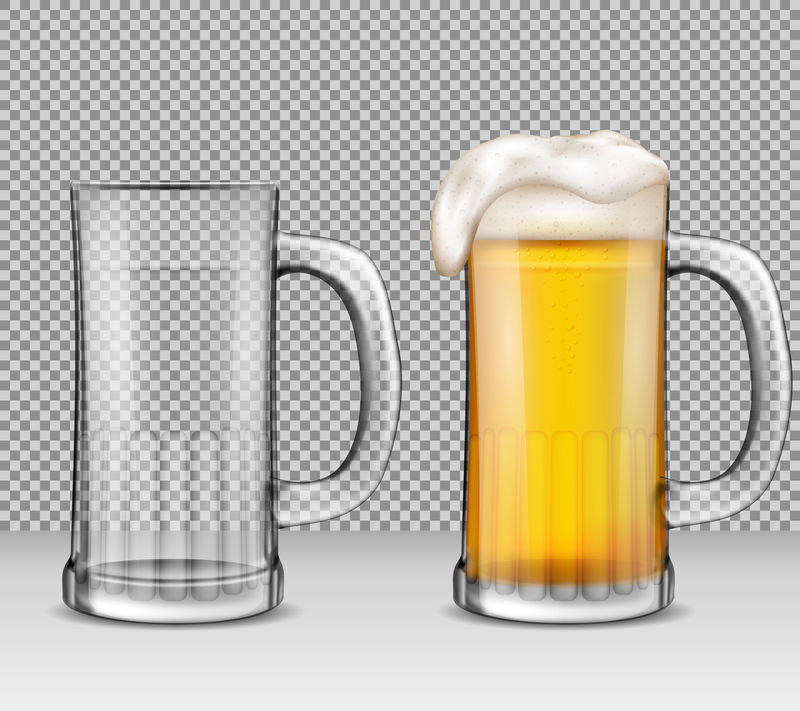 矢量现实说明两个透明玻璃杯-一个充满泡沫的啤酒，另一个是空的。