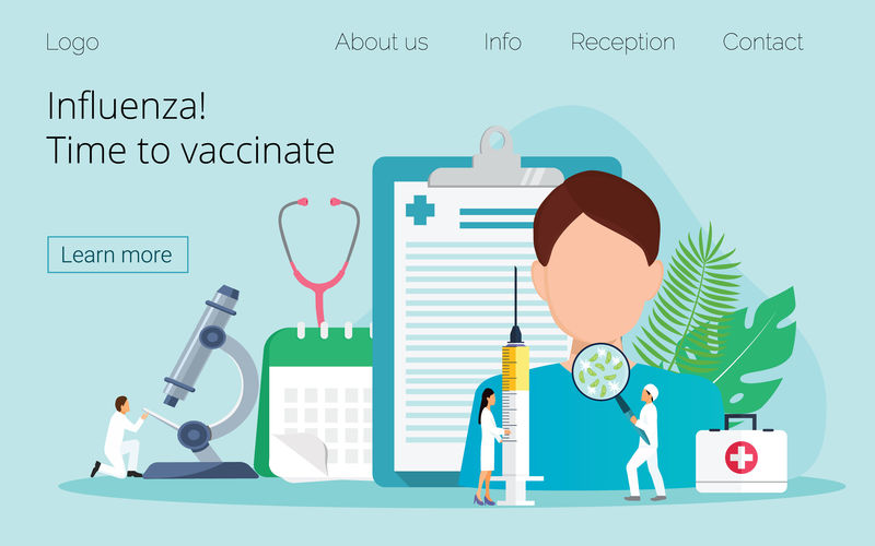 流感疫苗接种-接种疫苗的时间到了-带疫苗、瓶、接种日历和医生的载体示图注射器-网站、应用程序的现代矢量插图概念