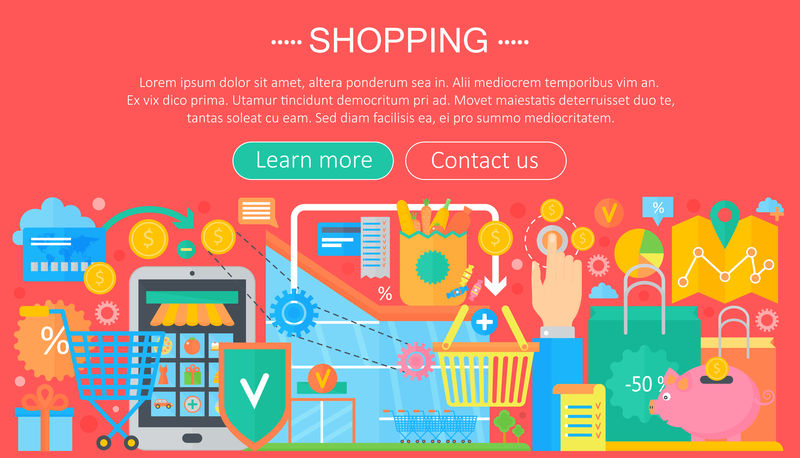 网上购物和电子商务购物概念。在线电子商务信息图形模板设计，网页标题购物图标元素。矢量图。